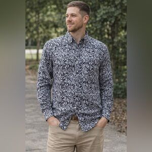 ROWM Stylish Navy Blue and Light Blue Leaf Print Men's Shirt